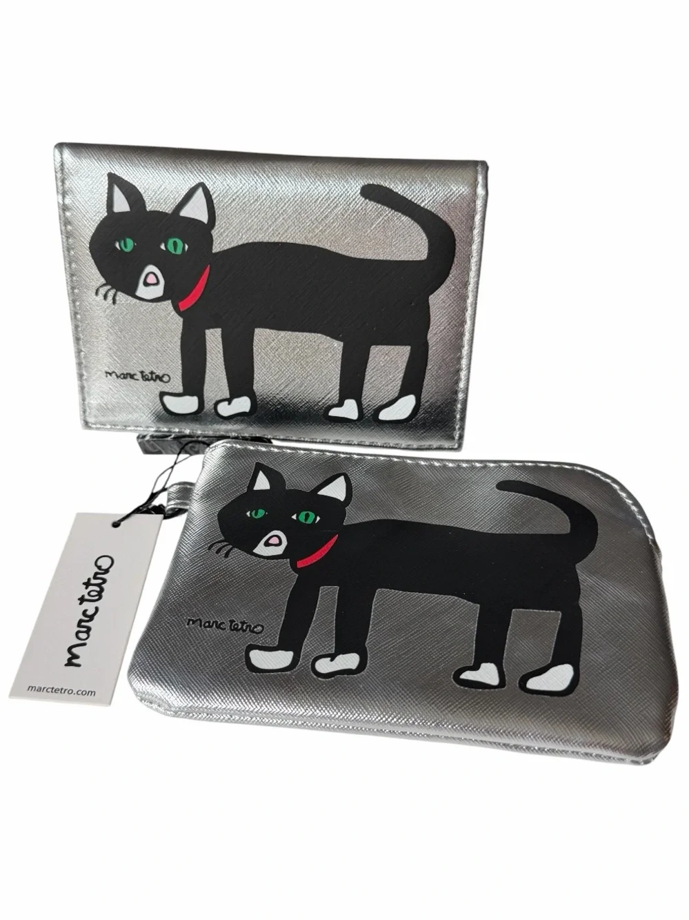 Marc Tetro Cat Travel Set Pouch Passport Holder Metallic Silver